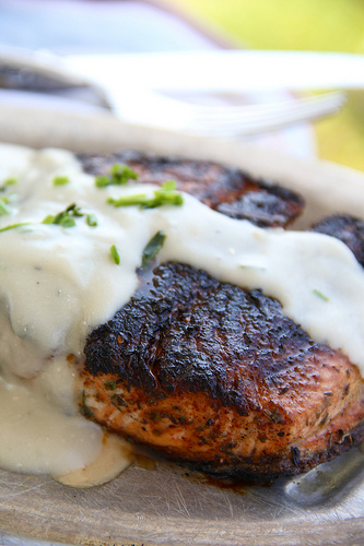 Nordic Blackened Salmon topped with Danish Blue Cheese Crème Sauce